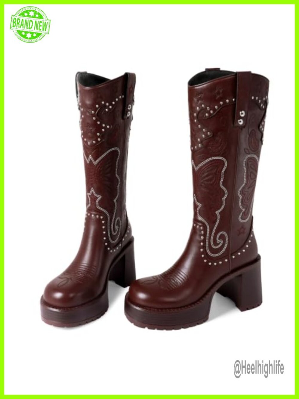 Women's Knee High Western Boots Leather Platform Chunky Heel